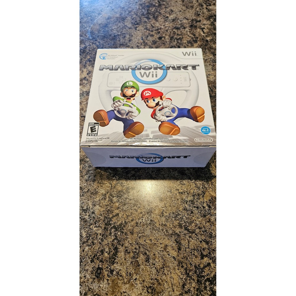 Mario Kart Wii Game Box with 2 Wii Wheel Accessories White and Black Nintendo